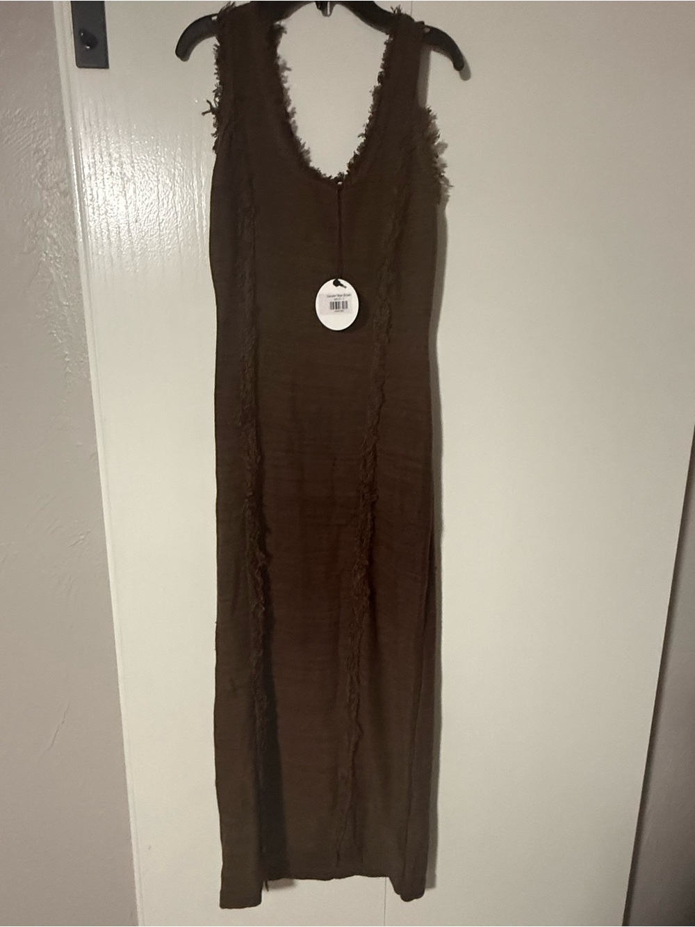 Sleeveless Brown Maxi Dress with Frayed Trim
